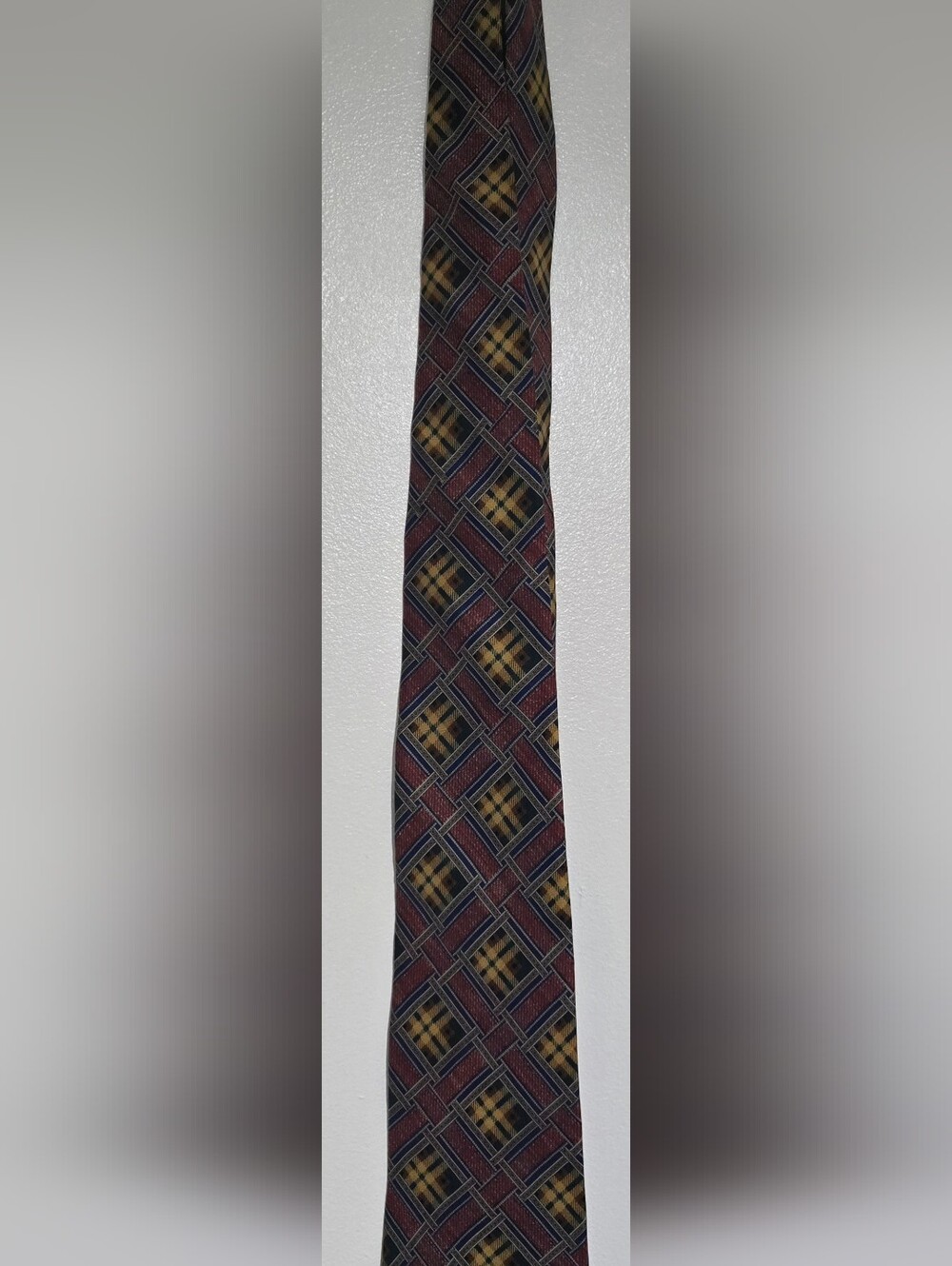 Dior Burgundy Tie with Gold and Navy Geometric Pattern